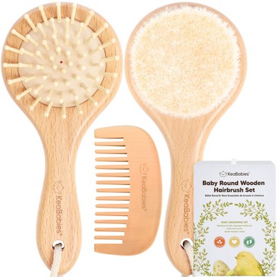 Image of Baby Hair Brush and Comb Set,  Wooden Baby Brush Set for Newborns, Infant, Toddler Grooming Kit (Round, Walnut)