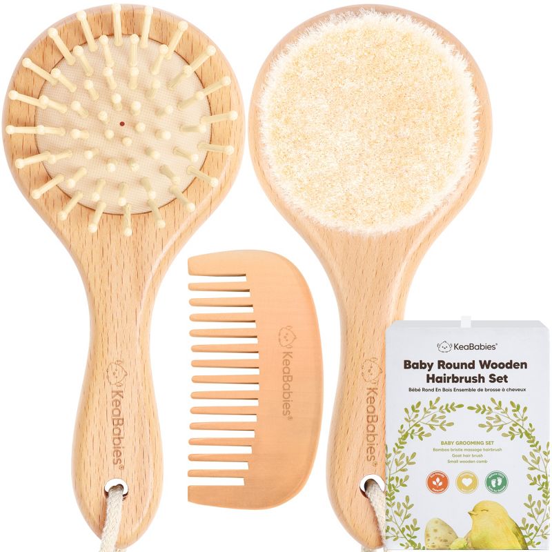 Baby Hair Brush and Comb Set,  Wooden Baby Brush Set for Newborns, Infant, Toddler Grooming Kit (Round, Walnut), 1 of 11