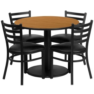 Flash Furniture 36'' Round Natural Laminate Table Set with Round Base and 4 Ladder Back Metal Chairs - Black Vinyl Seat - 1 of 2