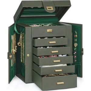 Leather Jewelry Box with Mirror - Multi-Compartment Organizer for Rings & Necklaces, Black - 1 of 4