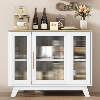 Retro Buffet Cabinet w/Fluted Glass Doors, 36" Kitchen Storage Sideboard, Multifunctional Coffee Bar Cabinet w/Adjustable Shelves for Dining Room