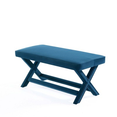 Abigail Blue Velvet Upholstered Double Ottoman with Solid Wood Frame