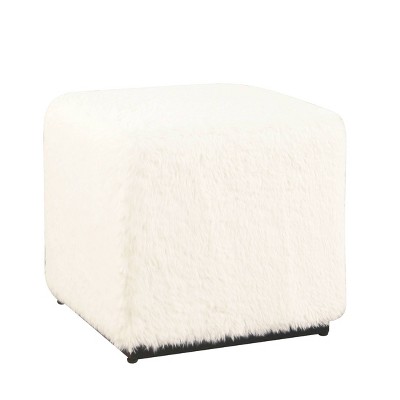 White Faux Fur Cube Ottoman with Metal Base