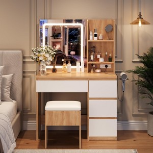 Vanity Desk w/ Mirror & LED Lights, 4 Drawers, Power Outlet, Stool, 3 Lighting Modes - Makeup Dressing Table for Bedroom - 1 of 4