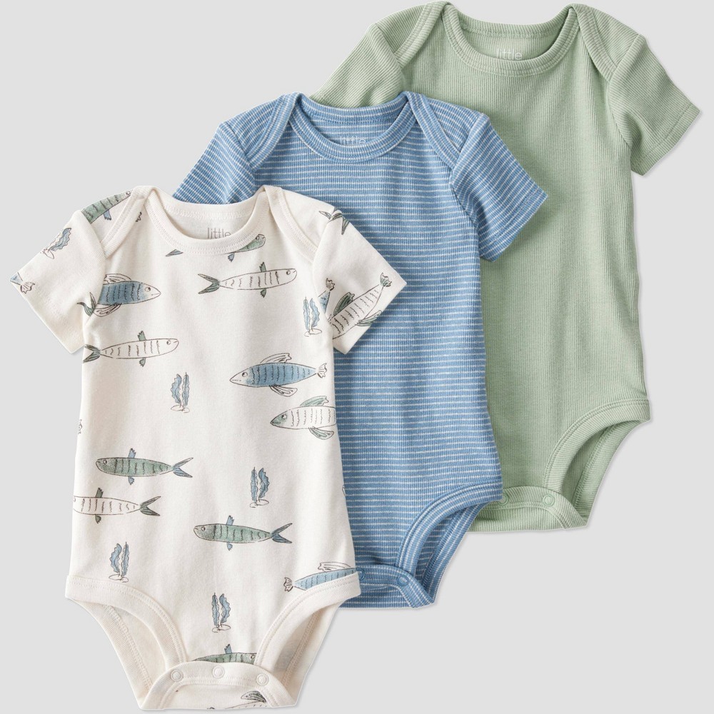 Little Planet by Carter's Organic Baby 3pk Bodysuit - 9M: Short Sleeve, Crotch Snap, Tagless, Stripe & Fish Patterns