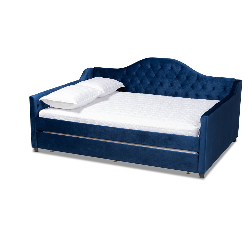 Photos - Bed Queen Perry Velvet Daybed with Trundle Blue - Baxton Studio: Upholstered,