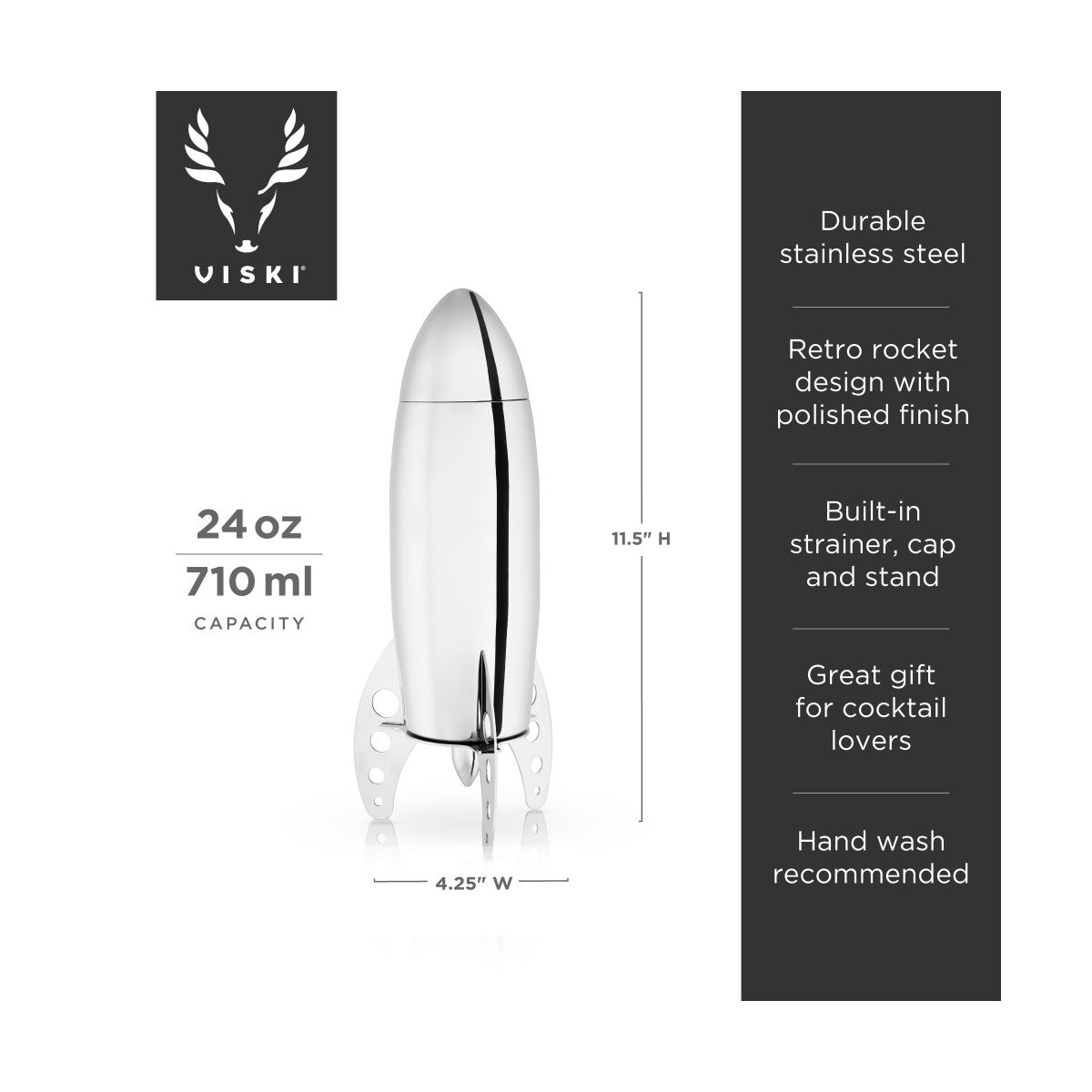 Viski Rocket Cocktail Shaker with Strainer for Margaritas, Stainless Steel Espresso Martini Shaker, Home Bar Gifts for Men, Bartender Tools, 24 oz - thumbnail 3