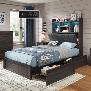 AMERLIFE LED Bed with 4 Storage Drawers, Bookcase Headboard and Charging Station - 1 of 4