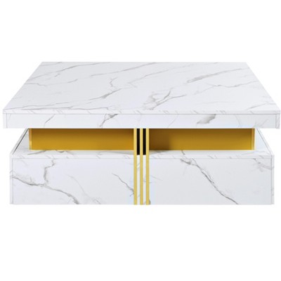Vynxaria Series 43.3 in. White Square MDF End Table with 4 Drawers and Gold Accents