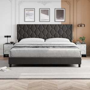 Platform Bed Frame with Upholstered Headboard and Wooden Slats Support, Upholstered Mattress Foundation/No Box Spring Needed/Easy Assembly - 1 of 4