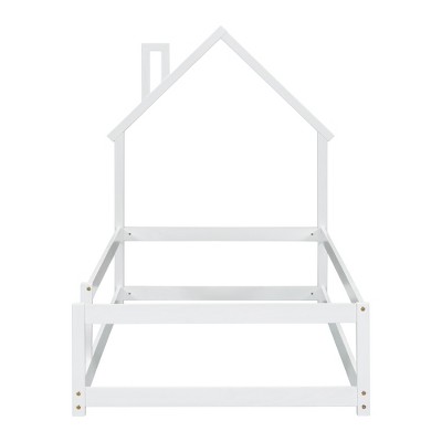 Dolonm Twin House-Shaped Floor Bed with Safety Rails - Wooden Low Profile Kids Bed, Easy Assembly