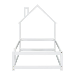 Dolonm Twin House-Shaped Floor Bed with Safety Rails - Wooden Low Profile Kids Bed, Easy Assembly - 1 of 4