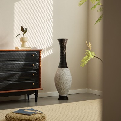 Aukfa 39" Tall Standing Designer Floor Vase – Elegant Two-Tone White and Black  Artificial Rattan Vase