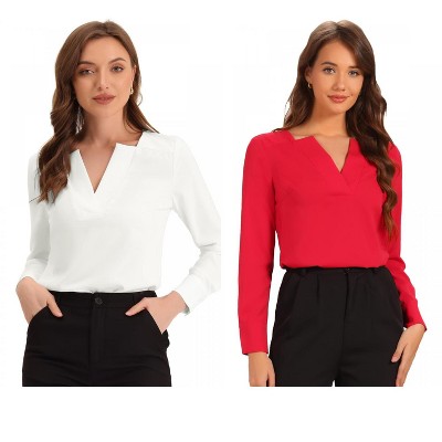 INSPIRE CHIC Women's Elegant Long Sleeve V Neck Work Office Blouse 2 Packs