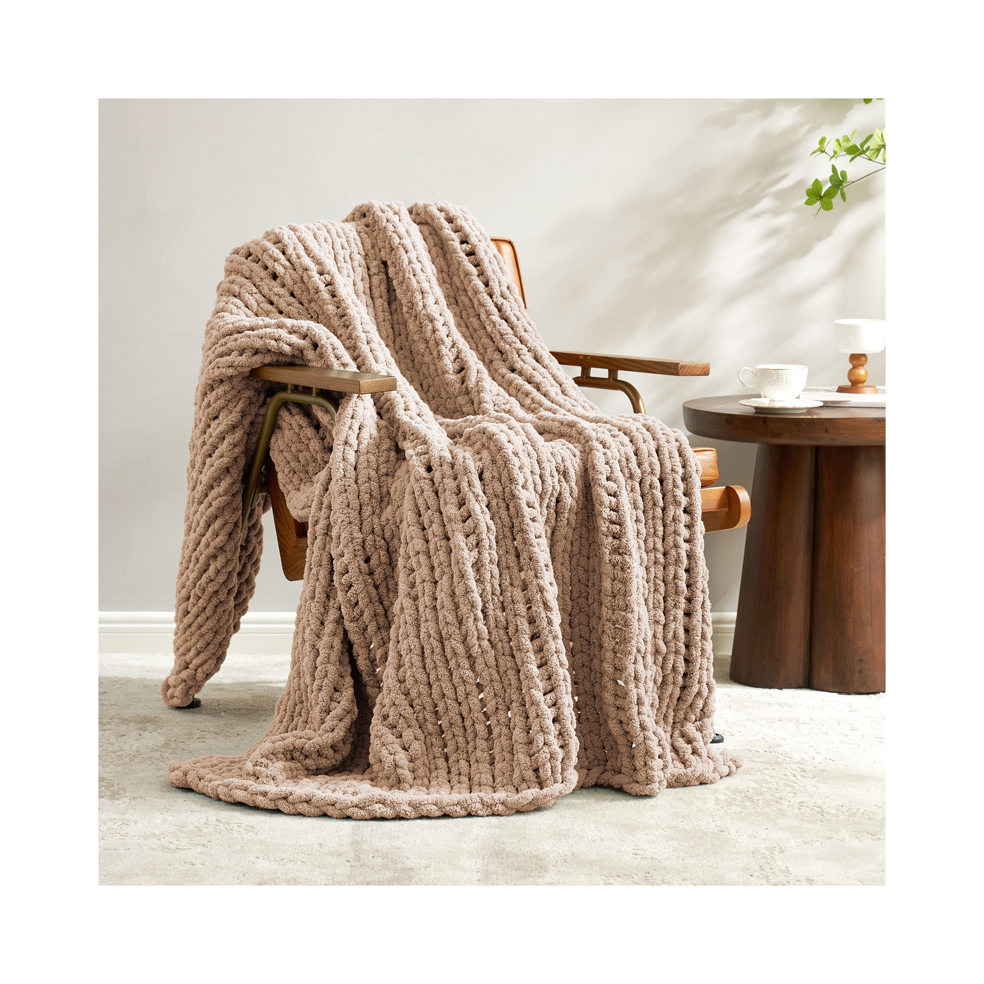 Chunky Knit Handmade Chenille Cable Knitted Crochet Throw Blanket, Beige-Amelie Home