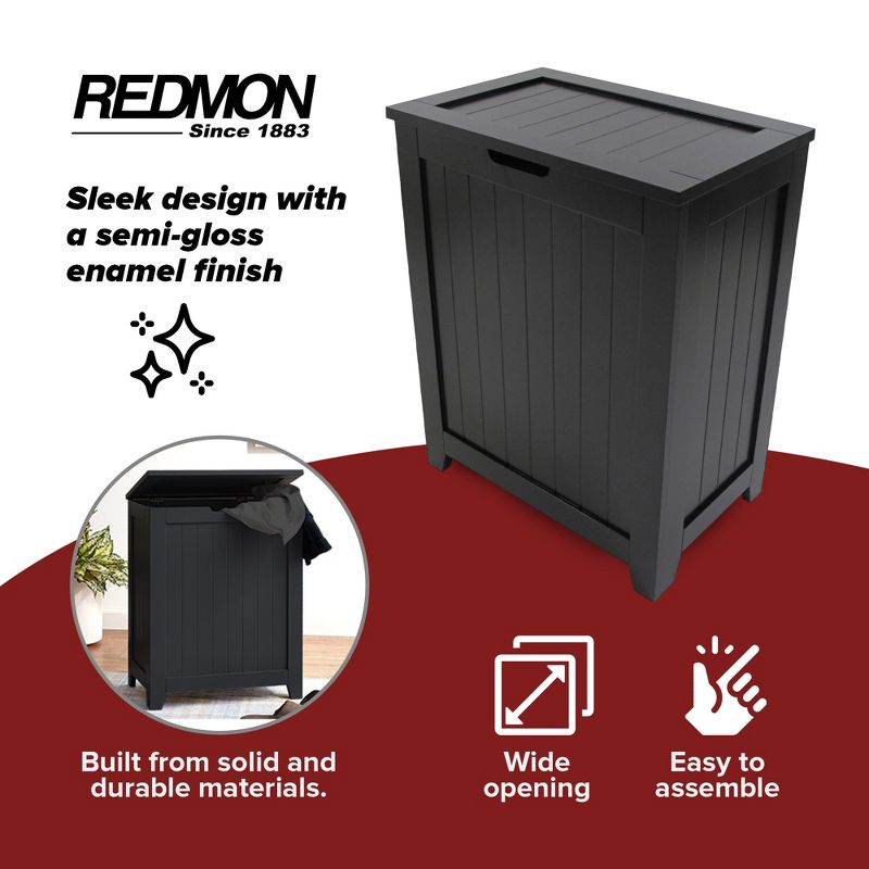 Redmon 18'' x 11.25'' x 23.25'' Contemporary Country Wainscot Style Wooden Clothes Hamper for Bedroom, Bathroom, and Laundry Room, Black, 3 of 8