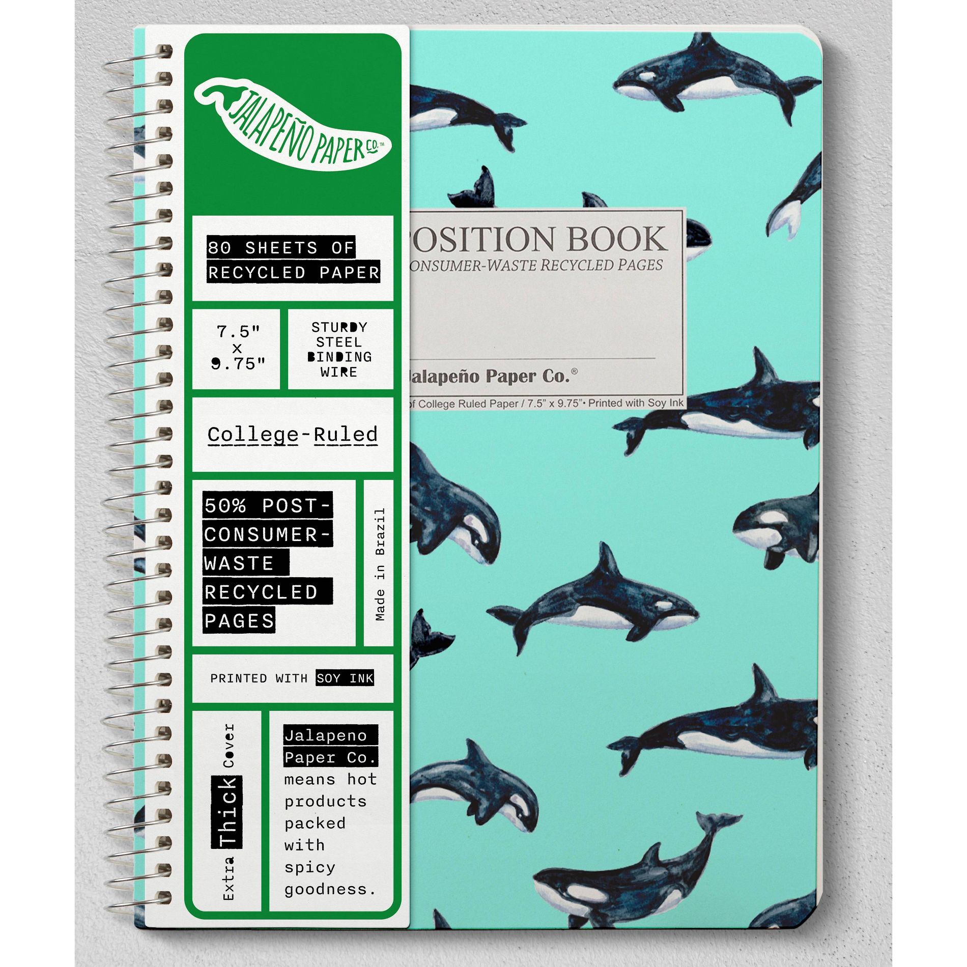Jalapeno Paper Co. 80 Sheets Subject College Ruled Notebook Orcas, School Supplies