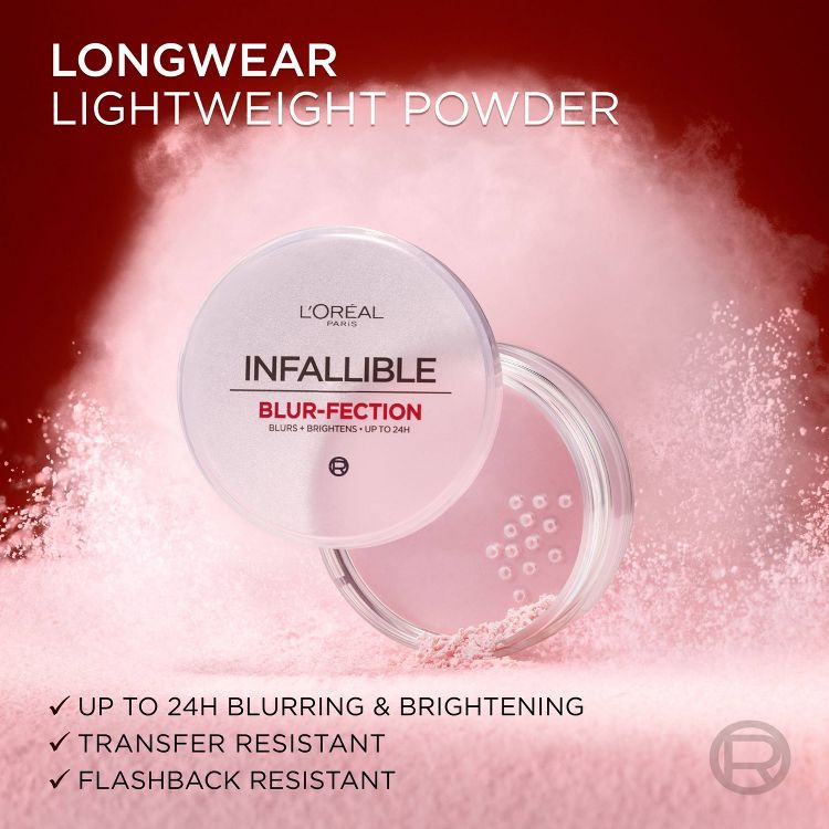 L'Oréal Infallible Blur-fection powder with scattered loose powder on a red background. Text highlights: "LONGWEAR LIGHTWEIGHT POWDER," "UP TO 24H BLURRING & BRIGHTENING," "TRANSFER RESISTANT," "FLASHBACK RESISTANT."