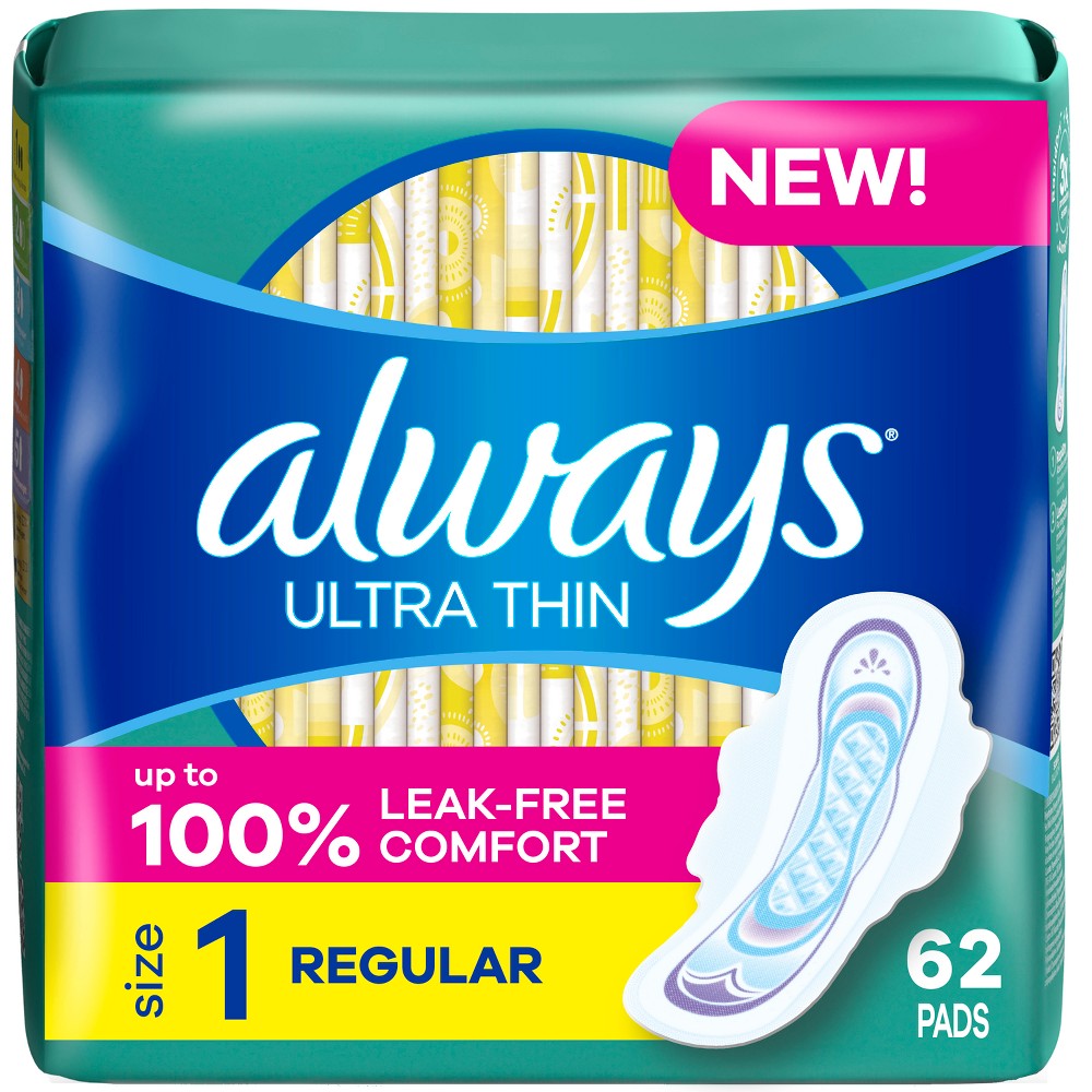 Always Ultra Thin Pads Unscented with Wings - Regular Absorbency - Size 1 - 62ct
