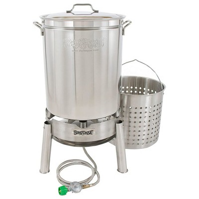 Bayou Classic Stainless Steel Boiler Cooker Kit with 60 inches Hose with Lid, Steam, Boil Basket, 106,000 BTU Burner, and 10 PSI Regulator
