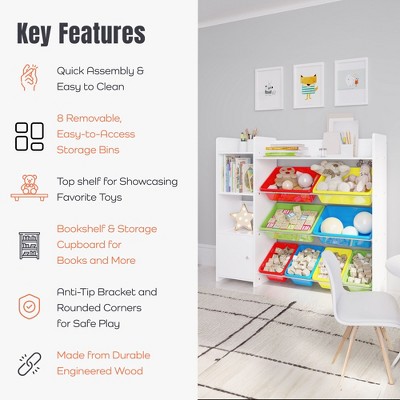 White Kids Toy Storage Organizer with Bookshelf and Colorful Bins