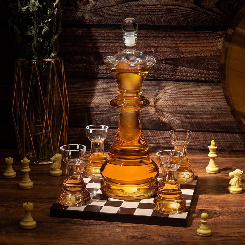 The Wine Savant Chess Design Whiskey & Wine Decanter Set Includes 4 Chess Design Shot Glasses, Unique Addition to Home Bar - 750 ml, 4 of 7