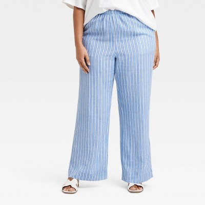 Women's Mid-Rise Wide Leg Linen Pull-On Pants - A New Day™ Blue Striped 3X