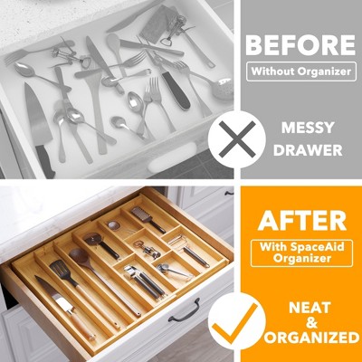 SpaceAid Bamboo Utensil Drawer Organizer with Labels – Expandable Kitchen Tray for Flatware, Cutlery, Spoons, and Knives – Drawer Storage Solution (Natural)