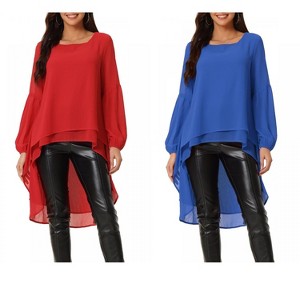 INSPIRE CHIC Women's Lantern Long Sleeve Round Neck High Low Irregular Hem Casual Blouse 2 Packs - 1 of 4