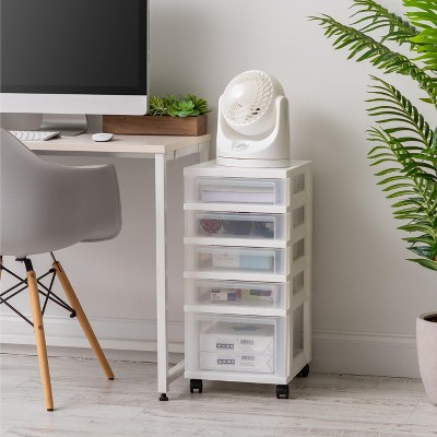 White 5-Drawer Rolling Plastic Storage Cart with Organizer Top