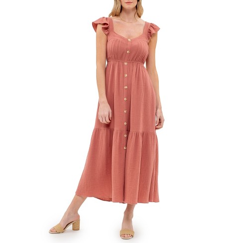 August Sky Women's Faux Button Flutter Sleeves Midi Dress - image 1 of 4