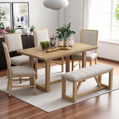 6-Piece Dining Table Set for 6, 60" Wooden Kitchen Table with 4 Chairs & Bench, Solid Rubberwood Frame, Perfect for Dining Room & Kitchen