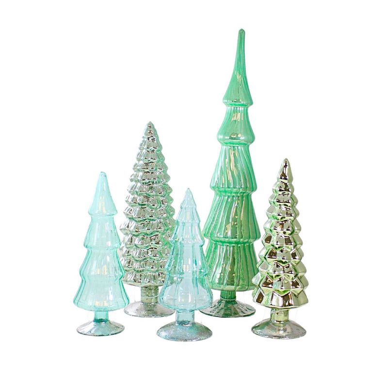 Cody Foster 17.0 Inch Winter  Green Hued Glass Trees Set / 5 Christmas Village Decorate Tree Sculptures, 1 of 4