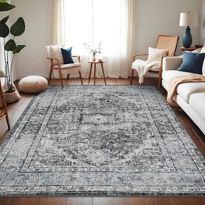 Area Rug - Machine Washable Non-Slip Low Pile Vintage Distressed Print Rug for Living Room, Bedroom, Dining Room & Home Office