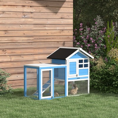 PawHut 48" Wooden Rabbit Hutch Bunny Cage with Waterproof Asphalt Roof, Fun Outdoor Run, Removable Tray and Ramp, Light Blue