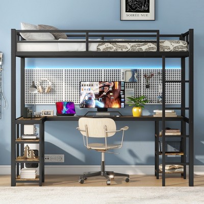 VYNXARIA Twin XL Metal Loft Bed with Desk and Shelves, Loft Bed with Ladder and Guardrails, Loft Bed Frame for Bedroom, Black