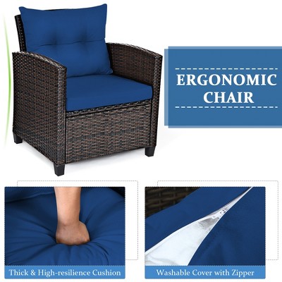 3-Piece Blue Cushioned Rattan Conversation Set with Brown Frame