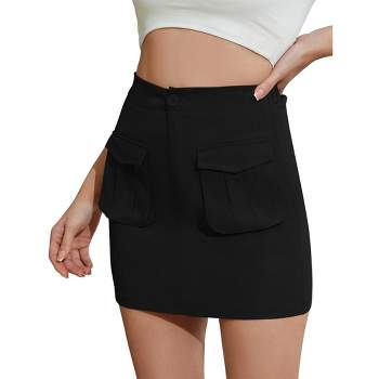 Womens High Wasit Cargo Skirts Bodycon Mini Skirts with Pockets Solid Stretchy Skirts with Plain Hem