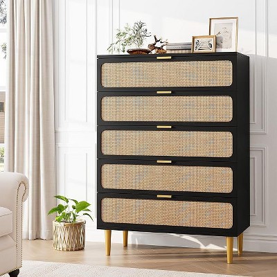 5 Drawer Dresser for Bedroom, Rattan Chest of Drawers with Deep Drawers, Large Modern Double Dresser for Closet with Wide Top