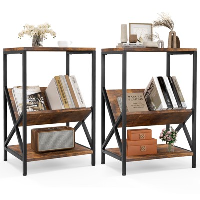 Costway 2 PCS Industrial Side Table 3-Tier Nightstand End Table with 2 Open Storage Shelves