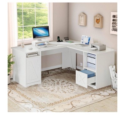 60 Inch L Shaped Desk Corner Computer Desk With File Drawer And Storage Cabinet For Home Office, Study Room
