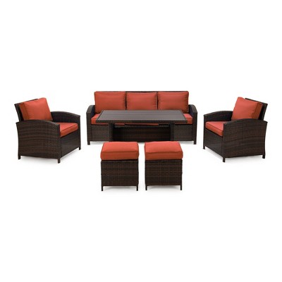 6pc Wicker Outdoor Conversation Set with Cushions & Ottomans - Orange - EDYO LIVING