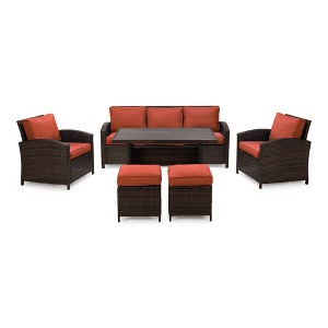 6pc Wicker Outdoor Conversation Set with Cushions & Ottomans - Orange - EDYO LIVING - 1 of 4