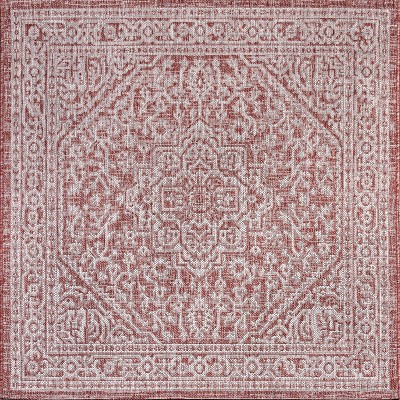 Sinjuri Medallion Red/Taupe 5' Square Synthetic Reversible Area Rug