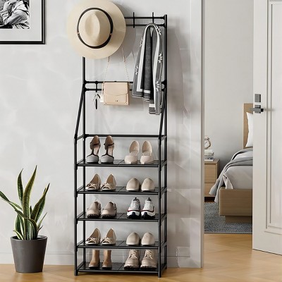 FURNIinspire Shoe Racks 5 Tier Shoe Rack Shoe Storage Hallway Narrow Shoe Organizer with Coat Rack Hooks for Entryway, Black, 11"*18"*64"