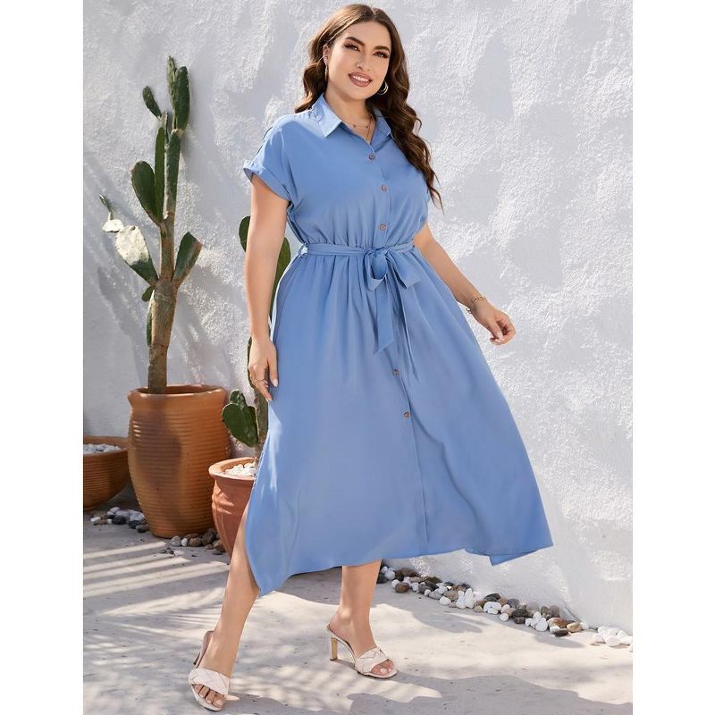 Plus Size Maxi Dresses for Women Summer Tie Belt Work Polo Dress Business Casual Button Down Dress, 5 of 7