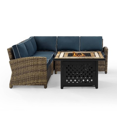 Bradenton 4pc Outdoor Wicker Sectional Set with Fire Table - Navy Blue - Crosley