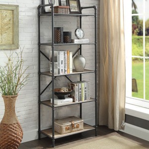 Industrial Bookshelf with Wood Veneer Shelves Metal Frame Open Back 63in Tall for Living Room or Home Office-3irtyhousy - 1 of 4