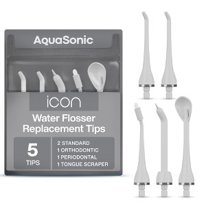 AquaSonic Icon Water Flosser Replacement Tips – 5 Tips, Standard, Periodontal, Orthodontic & Tongue Scraper - Genuine, Authentic Part - 1 of 4