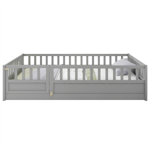 COWLOWN Full Size Floor Bed with Safety Barrier, Wooden Children's Bed Frame with Door Opening, Pine French Design - 1 of 4